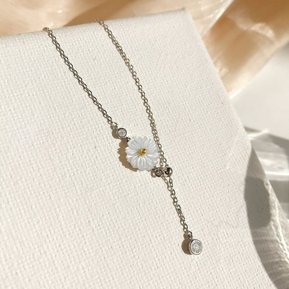 NEW 925 Silver Shell Daisy Diamond Drop Necklace - Picture 3 of 11